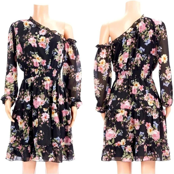 New Women’s One Shoulder Floral Dress Smocked Waist - Picture 4 of 7